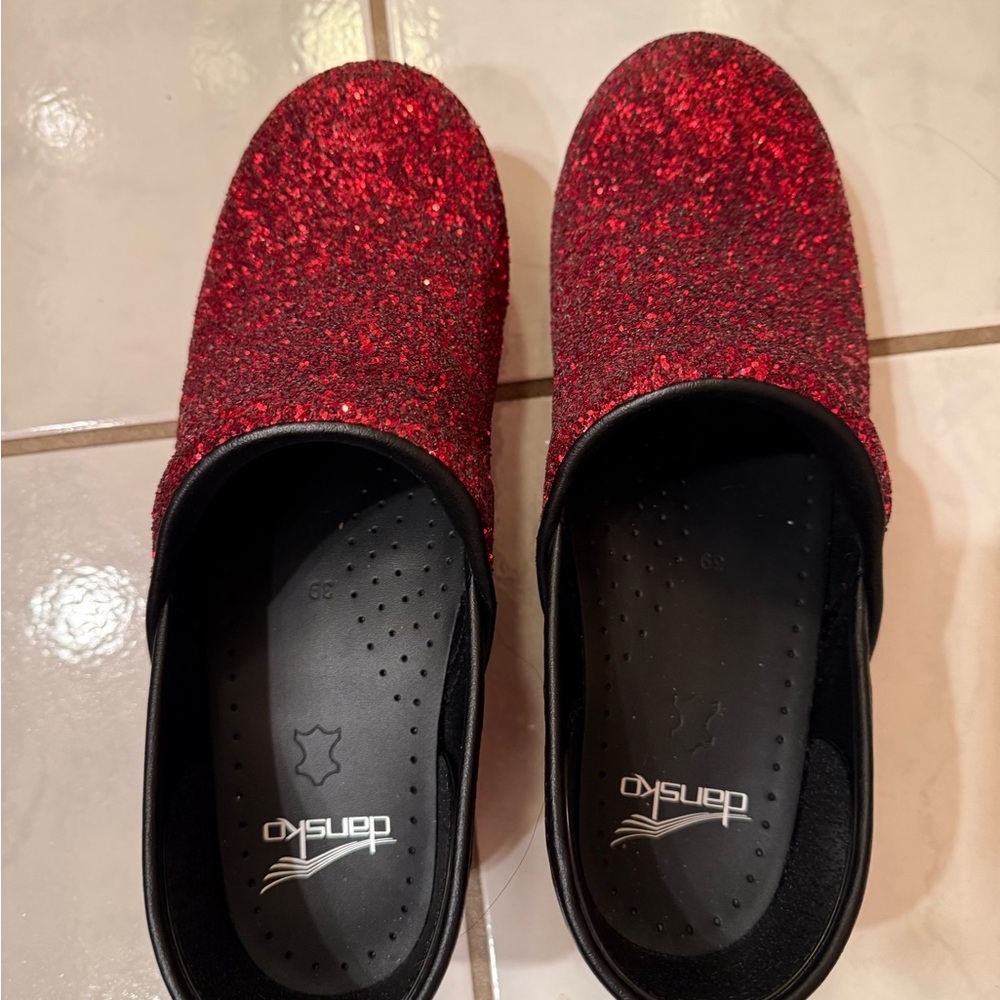Dansko Red Glitter Clogs 39